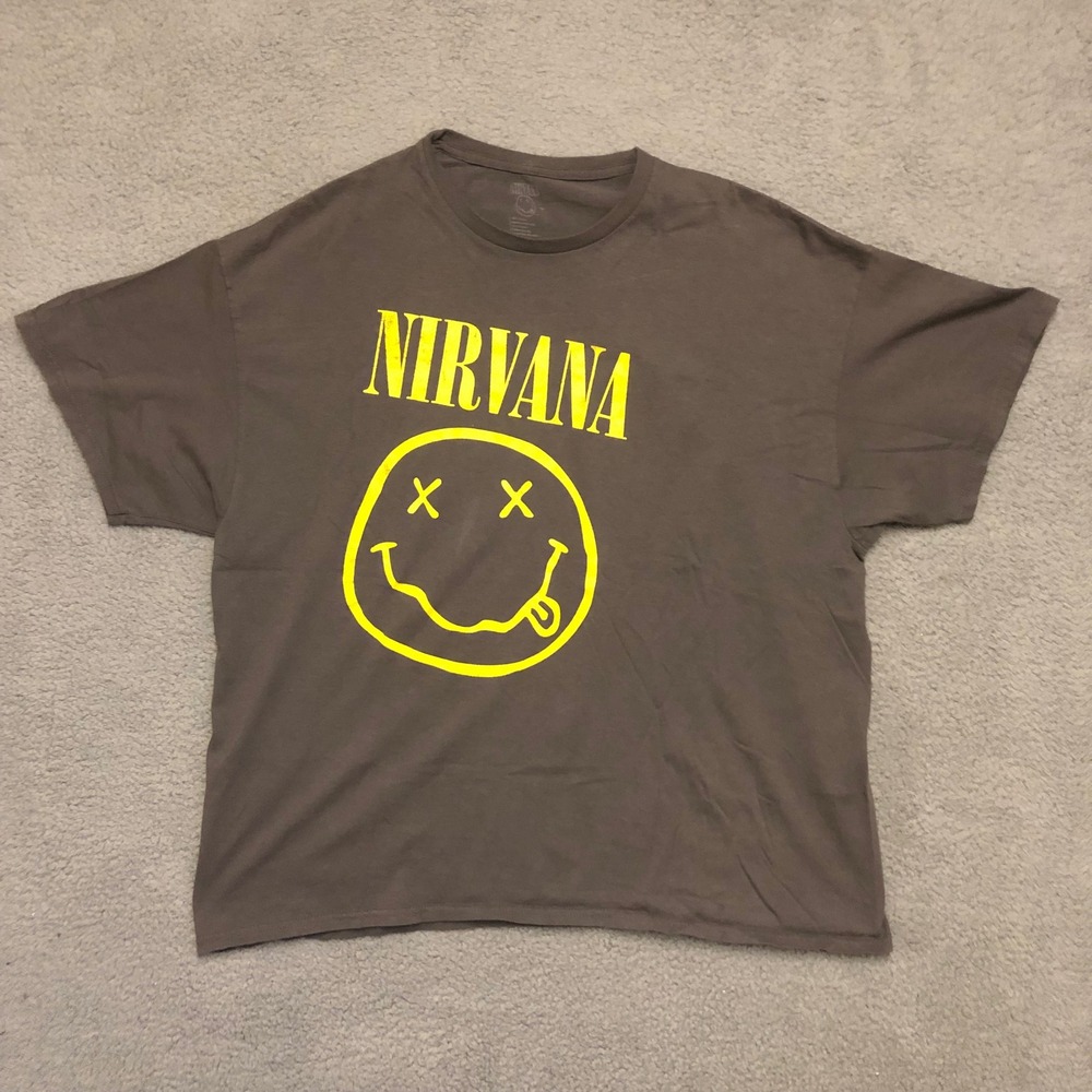 Nirvana Smiley Face Graphic T-Shirt Mens 2XL Charcoal Gray Grunge Rock Band Tee
